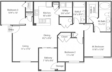 Floor plan for 3 beds, 2 baths, 1121 sqft